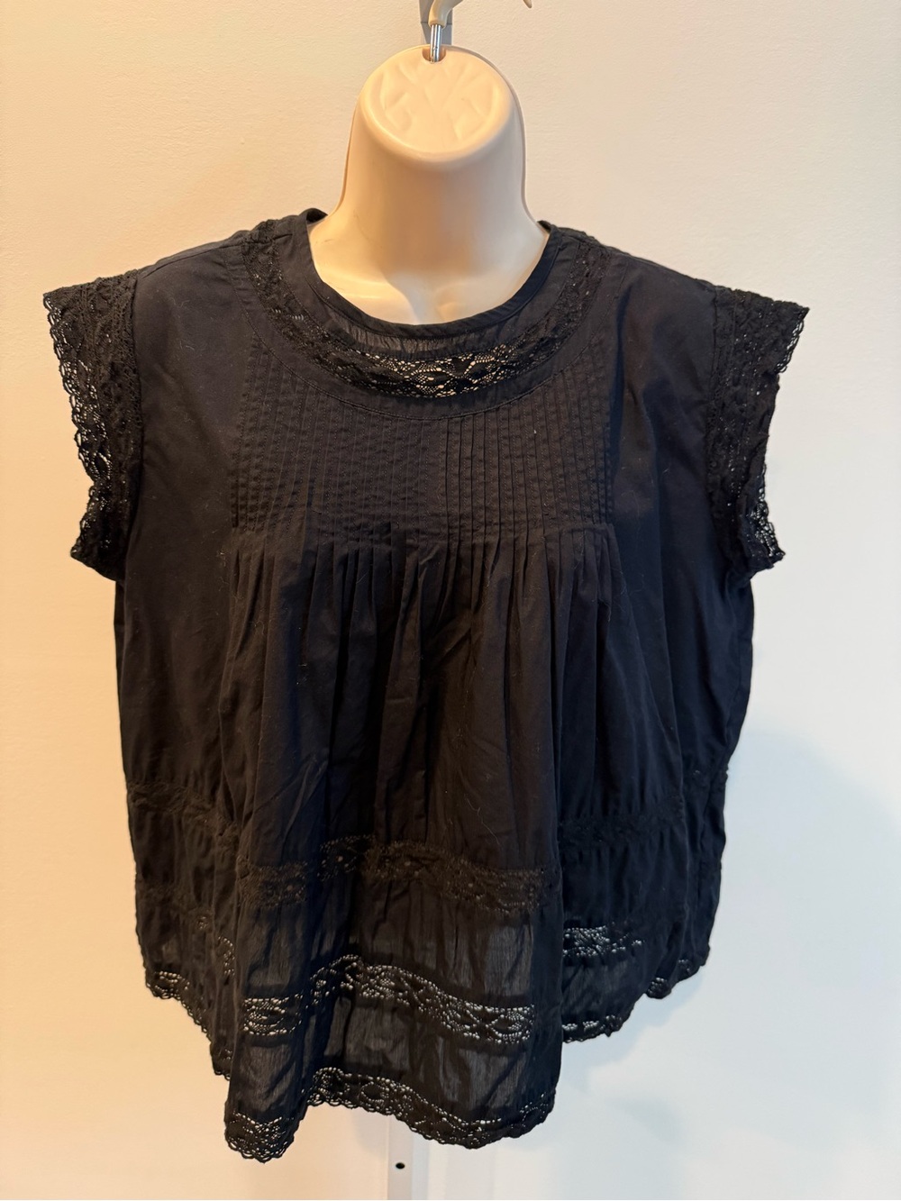 NE Quittizpas Lace-Trim Cotton Blouse  Women Boho Pintuck Cottagecore Size S